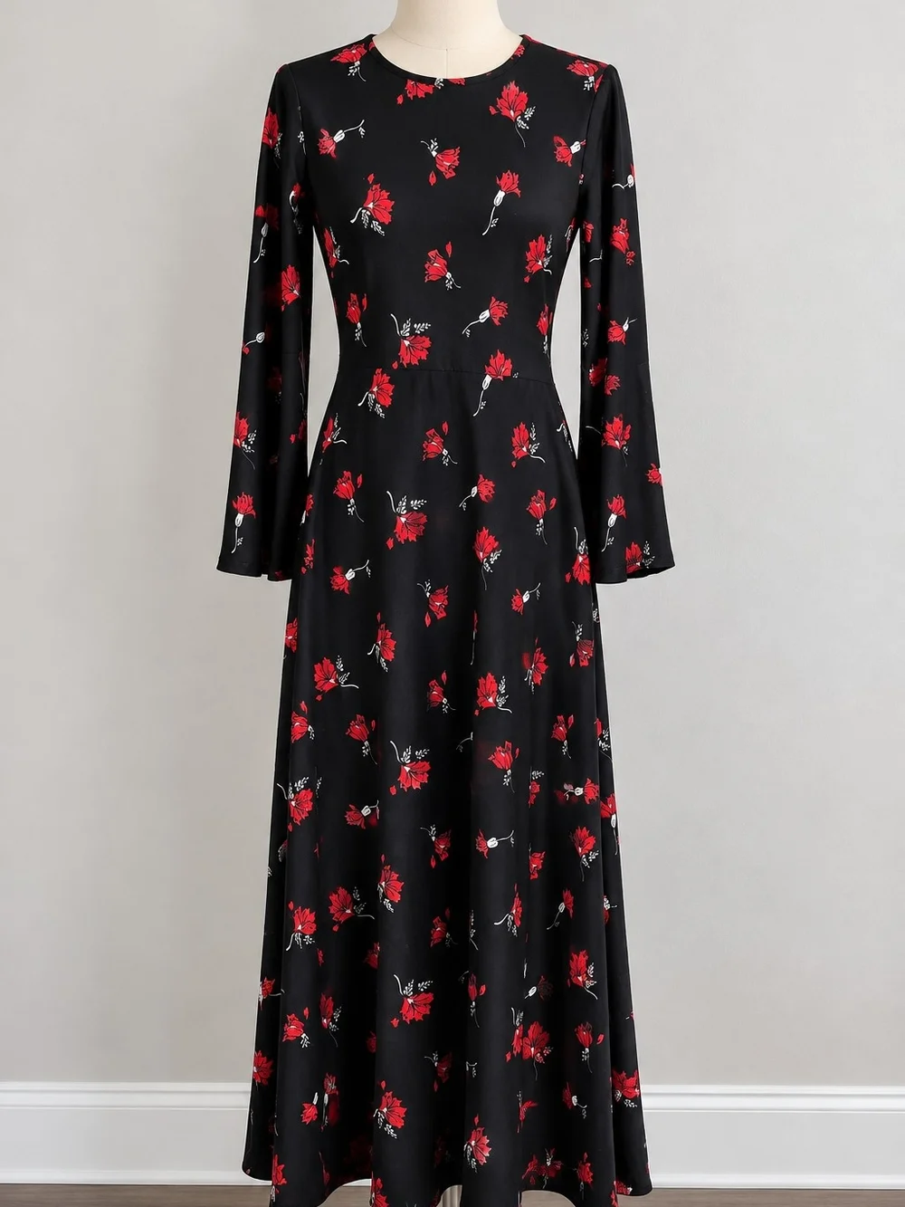 Black Maxi Dress with Red Floral Print — Long Sleeve